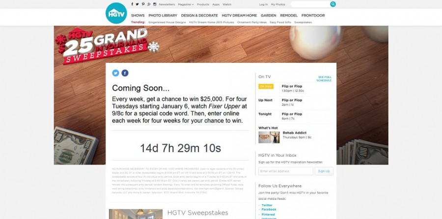 www.HGTV.com/25Grand - HGTV 25 Grand in Your Hand Sweepstakes - Code Word
