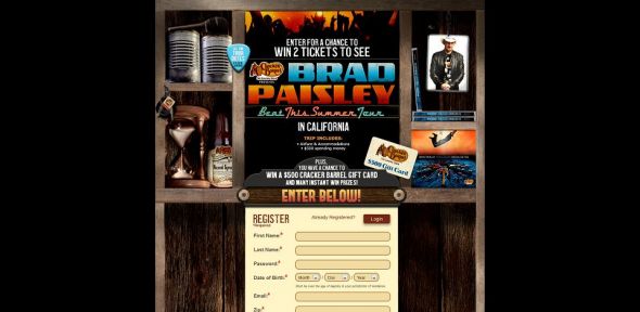 Cracker Barrel Old Country Store Win a Trip to See Brad Paisley in Concert Sweepstakes Cracker Barrel Old Country Store Win a Trip to See Brad Paisley in Concert Sweepstakes