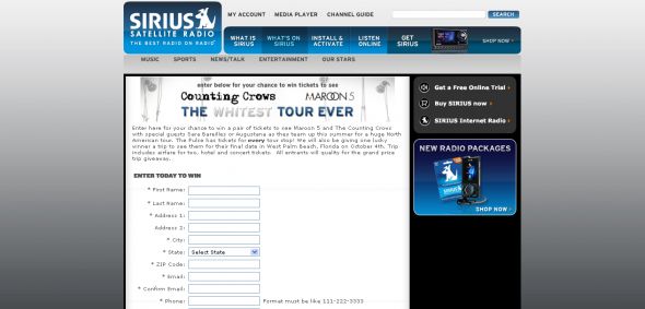 SIRIUS Satellite Radio – The Whitest Tour Ever 2008 Sweepstakes