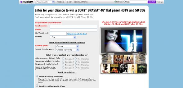 Sony Bmg Music Entertainment – MyPlay 2008 Survey Sweepstakes