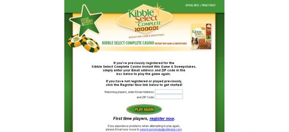 Kibble Select Complete Casino Instant Win Game & Sweepstakes