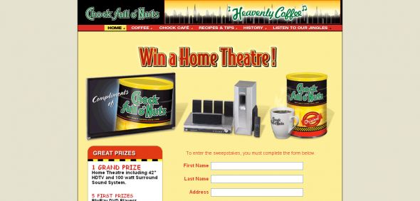 Chock full o’Nuts/Hills Bros. – Win a Home Theatre System sweepstakes