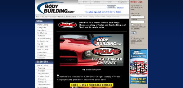 Bodybuilding.com - 2008 Prolab Charging Forward Dodge Charger Giveaway