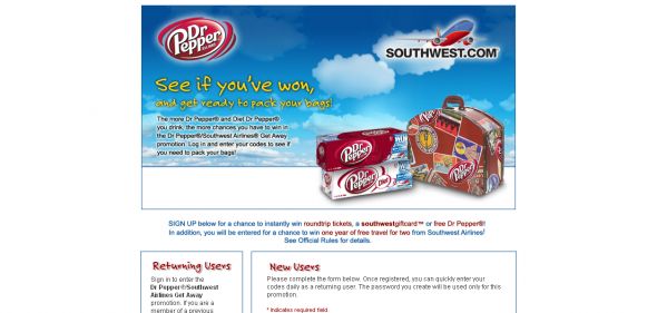 Dr Pepper/Southwest Airlines - Get Away Game and Sweepstakes