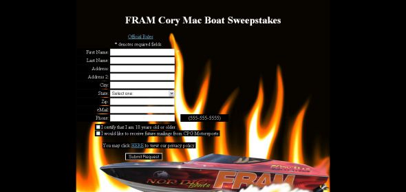 FRAM Cory Mac Boat Sweepstakes
