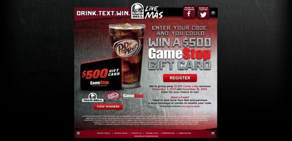 drinktextwinpromotion.com – Dr Pepper Taco Bell GameStop Drink. Text. Win. Promotion drinktextwinpromotion.com – Dr Pepper Taco Bell GameStop Drink. Text. Win. Promotion