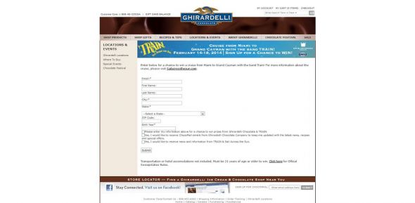 Ghirardelli Chocolate Company, Train & Sixthman Sail Across the Sun Sweepstakes Ghirardelli Chocolate Company, Train & Sixthman Sail Across the Sun Sweepstakes