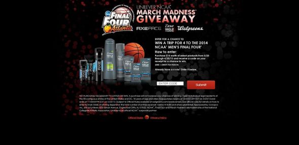 walgreens.com/axedovemen – Unilever NCAA March Madness Giveaway walgreens.com/axedovemen – Unilever NCAA March Madness Giveaway