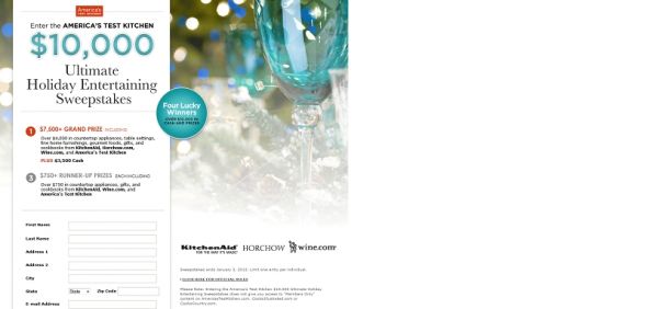 America’s Test Kitchen $10,000 Ultimate Holiday Entertaining Sweepstakes America’s Test Kitchen $10,000 Ultimate Holiday Entertaining Sweepstakes