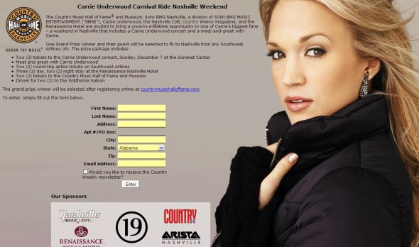 Country Music Hall of Fame and Museum Carrie Underwood Carnival Ride Nashville Weekend Sweepstakes