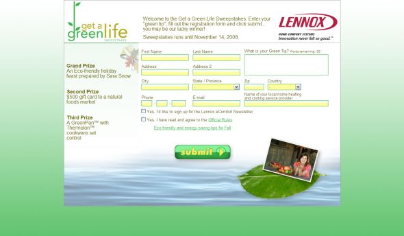 Lennox Fall 2008 Get a Green Life Sweepstakes