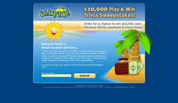 Get Away Today Vacations – $10,000 Play & Win Trivia Sweepstakes