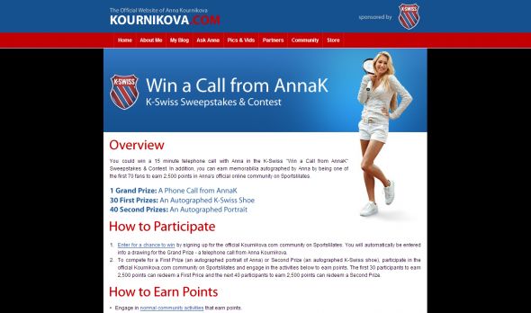 Kournikova.com – K-Swiss Win a Call from AnnaK Sweepstakes