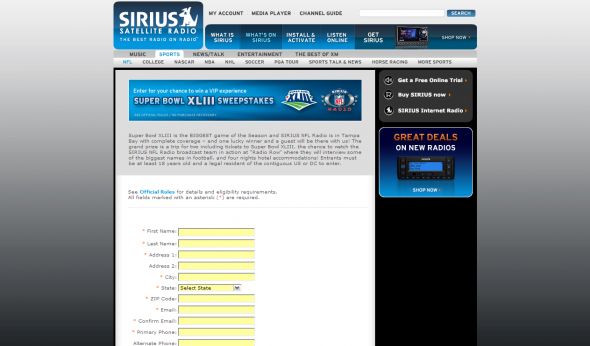 SIRIUS NFL Radio Super Bowl XLIII Sweepstakes