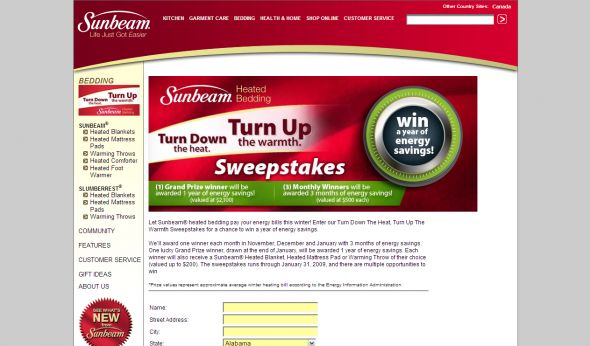 Sunbeam Bedding Energy Sweepstakes
