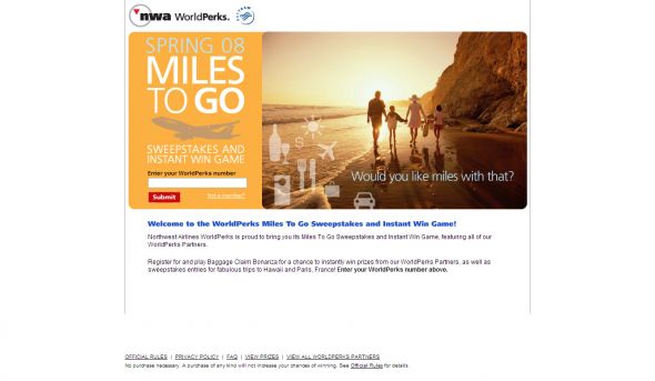 WorldPerks Spring ‘08 Miles To Go Sweepstakes and Instant Win Game