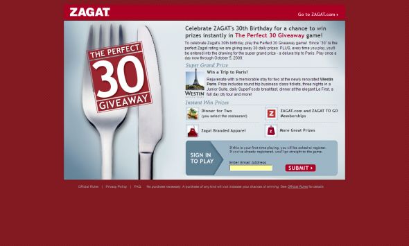 Zagat’s Perfect 30 Giveaway Game Sweepstakes