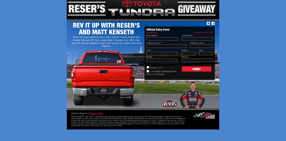 Reser's Toyota Tundra Truck Giveaway Sweepstakes