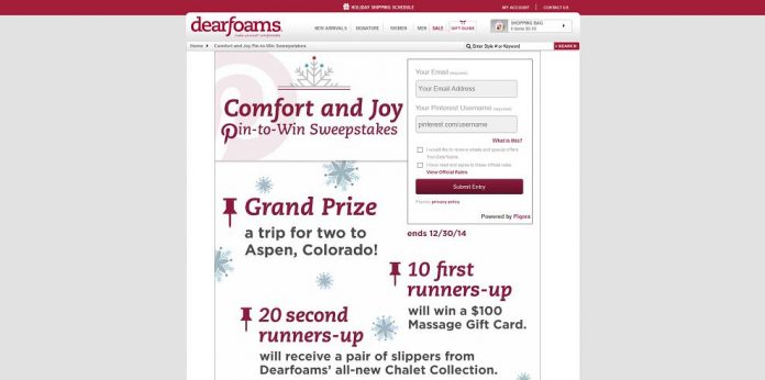 Dearfoams Comfort & Joy Pin-To-Win Sweepstakes Dearfoams Comfort & Joy Pin-To-Win Sweepstakes