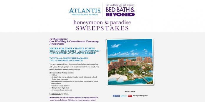 Bed Bath & Beyond Wedding & Gift Registry and Atlantis Honeymoon in Paradise Sweepstakes