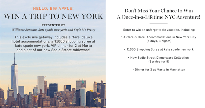 Williams Sonoma Win a Trip to New York Sweepstakes (Williams-Sonoma.com/NewYorkTrip)