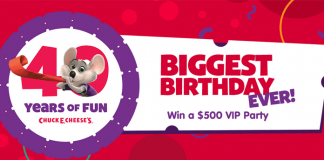 Win A $500 VIP Party During Chuck E. Cheese’s Biggest Birthday Ever Chuck E. Cheese's Biggest Birthday Ever Sweepstakes