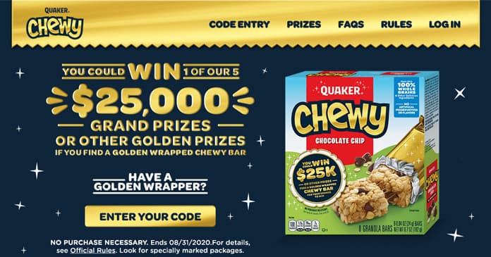 Quaker Chewy Golden Wrapper Instant Win Game 2020